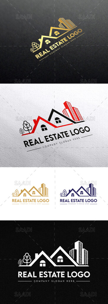 Real Estate Logo home logo with buildings and green trees